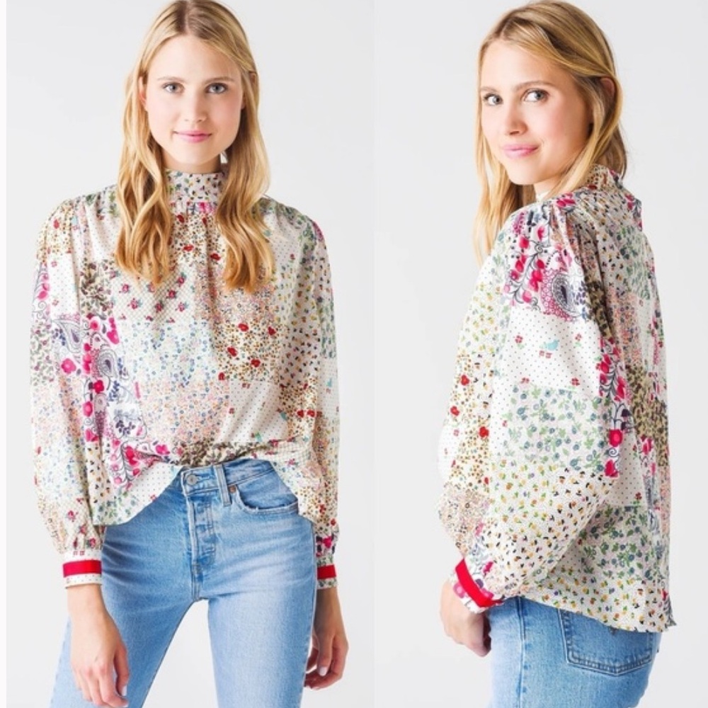 Hunter Bell Sienna Top in Patchwork Floral with Red Trim & Button Detail Size S